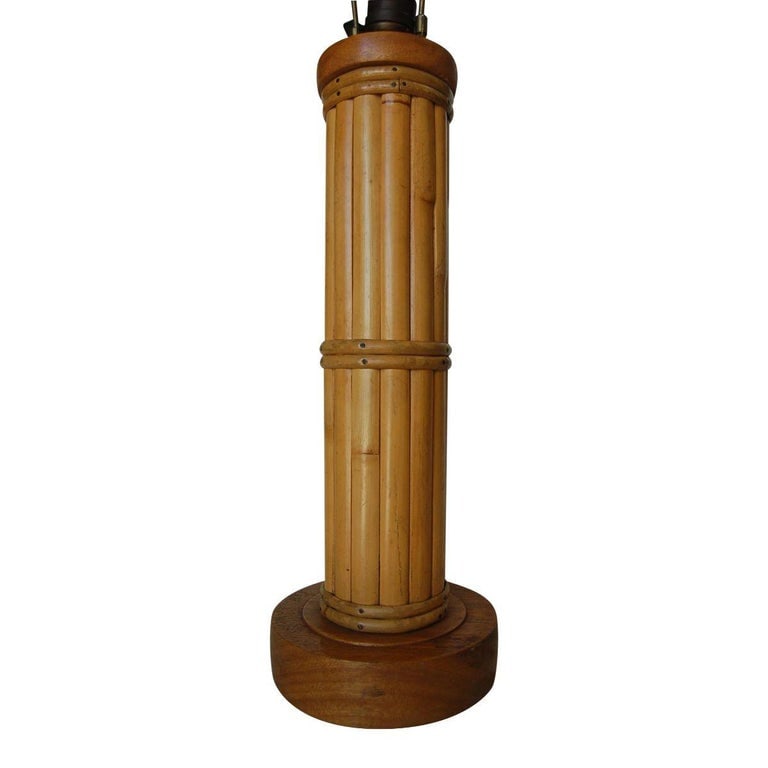 Restored Round Split Rattan Table Lamp W/ Carved Wood Base & Wrappings - 3