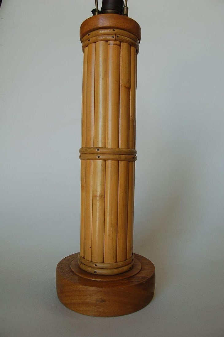 Restored Round Split Rattan Table Lamp W/ Carved Wood Base & Wrappings - 4