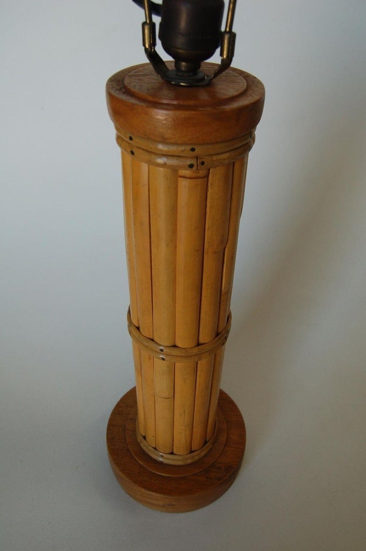 Restored Round Split Rattan Table Lamp W/ Carved Wood Base & Wrappings - 5