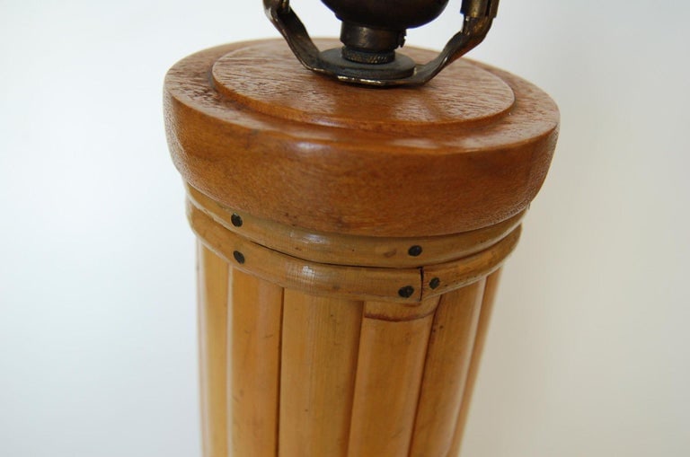 Restored Round Split Rattan Table Lamp W/ Carved Wood Base & Wrappings - 7