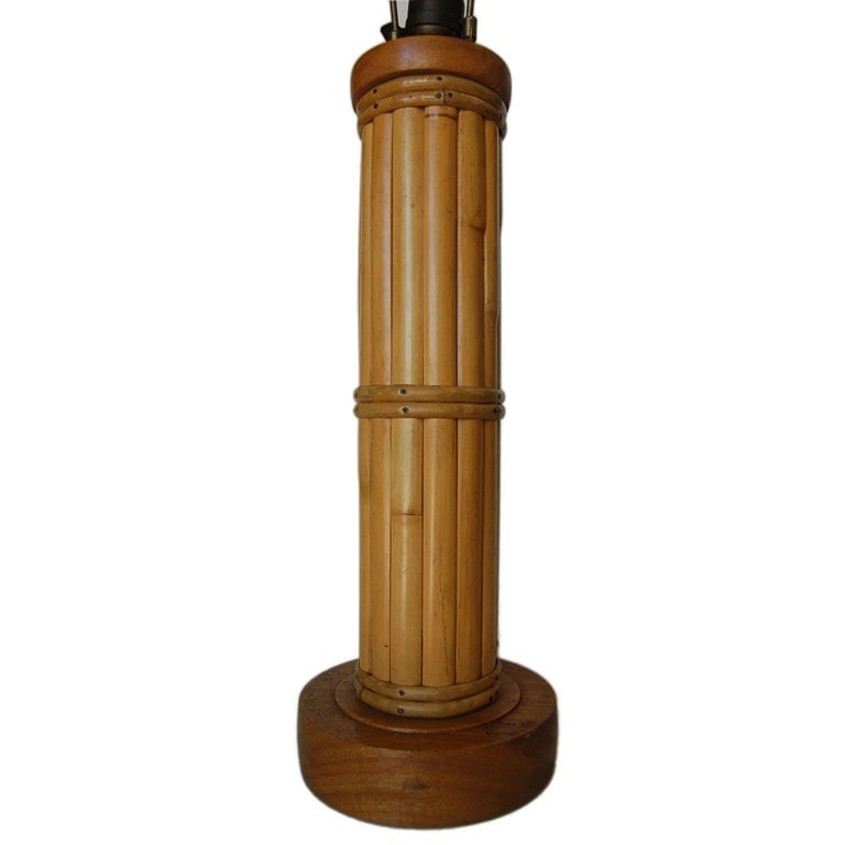 Restored Round Split Rattan Table Lamp W/ Carved Wood Base & Wrappings - 8