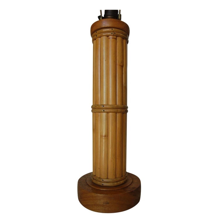 Restored Round Split Rattan Table Lamp W/ Carved Wood Base & Wrappings - 9
