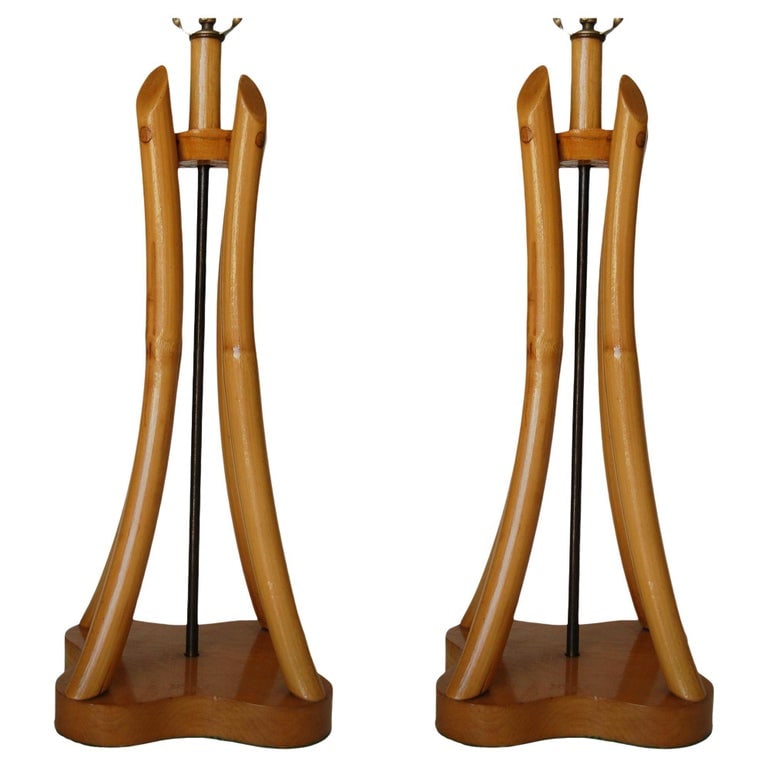 Restored Hourglass Rattan & Mahogany Lamp, Pair (1 of 8)