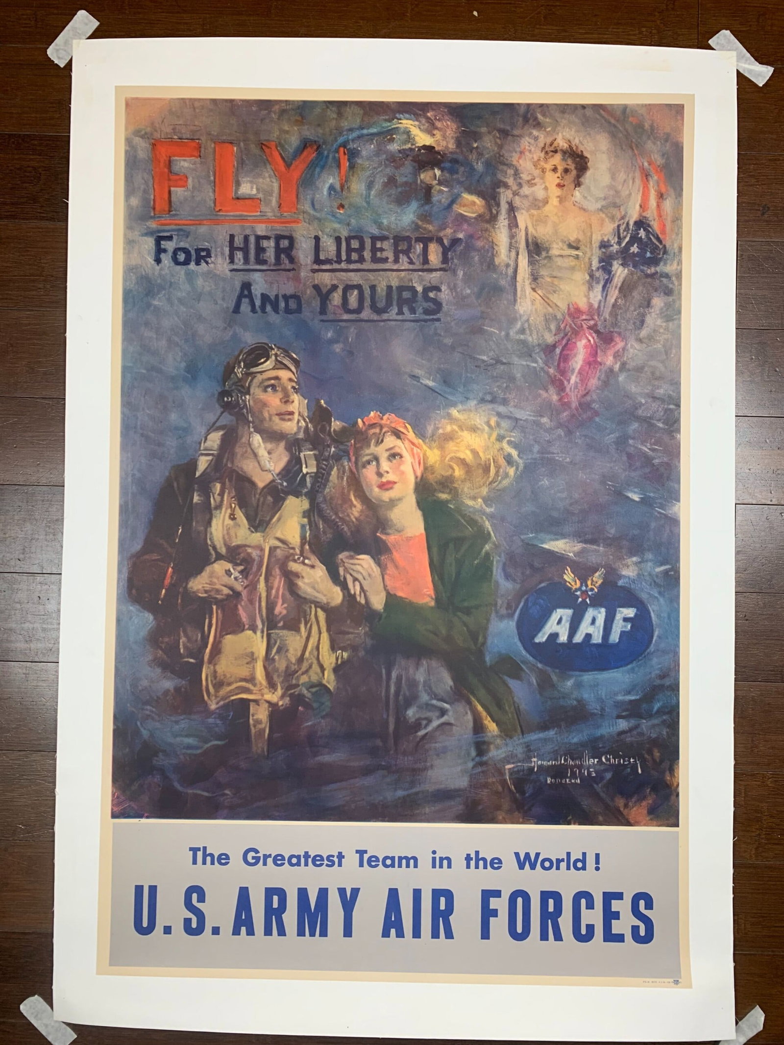 Fly for Her Liberty - Art by Christy (1944) 25x38 US WWII War Poster LB: Fly for Her Liberty - Art by Christy (1944) 25x38 US WWII War Poster LB Reserve: $1,275.00 Shipping: Domestic: Flat-rate of $28.00 to anywhere within the contiguous U.S. International: Foreign
