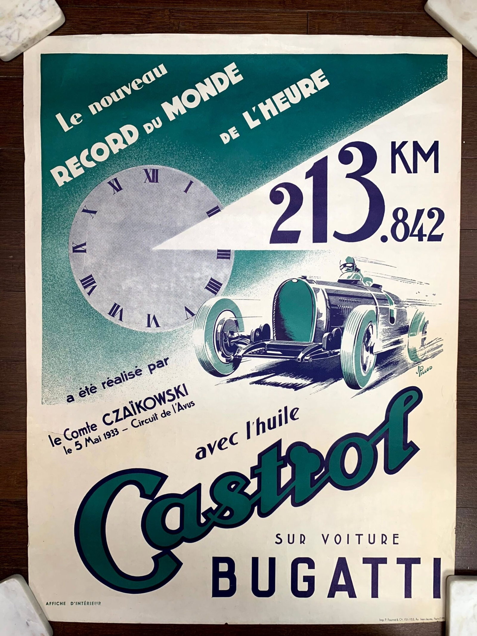 Bugatti Castrol - Art by Jean Pillod (1924) 23.25"X31.5" French Advertising Poster: Bugatti Castrol - Art by Jean Pillod (1924) 23.25"X31.5" French Advertising Poster Reserve: $1,148.00 Shipping: Domestic: Flat-rate of $28.00 to anywhere within the contiguous U.S. International: