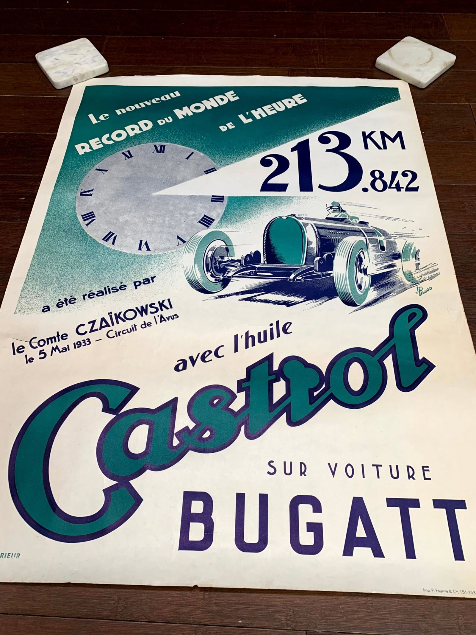 Bugatti Castrol - Art by Jean Pillod (1924) 23.25"X31.5" French Advertising Poster - 5