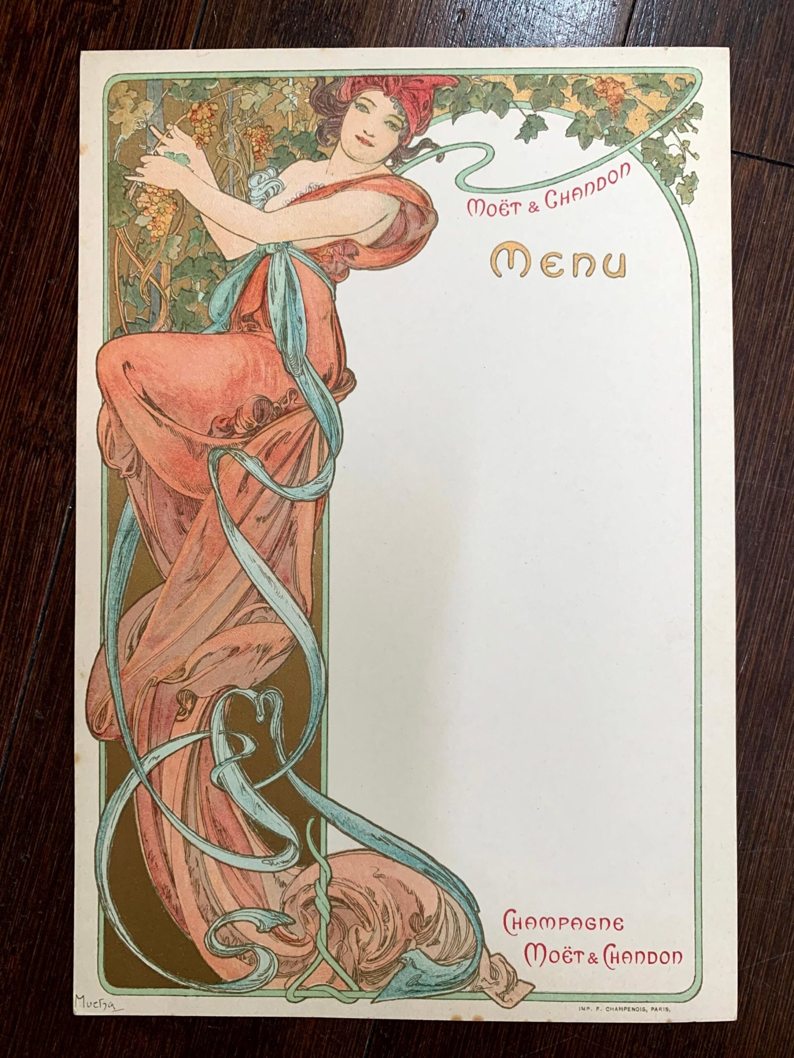 Moet Chandon Champagne - Art by Mucha (1889) 6"X9 French Menus x2 - 2