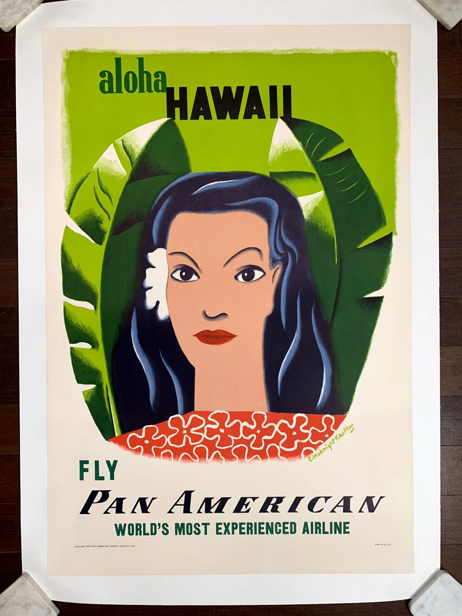 Hawaii - Pan American - Art by Edward Kauffer (1953) 28"X41.5" US Travel Poster LB: Hawaii - Pan American - Art by Edward Kauffer (1953) 28"X41.5" US Travel Poster LB Reserve: $935.00 Shipping: Domestic: Flat-rate of $42.00 to anywhere within the contiguous U.S. International: Foreig
