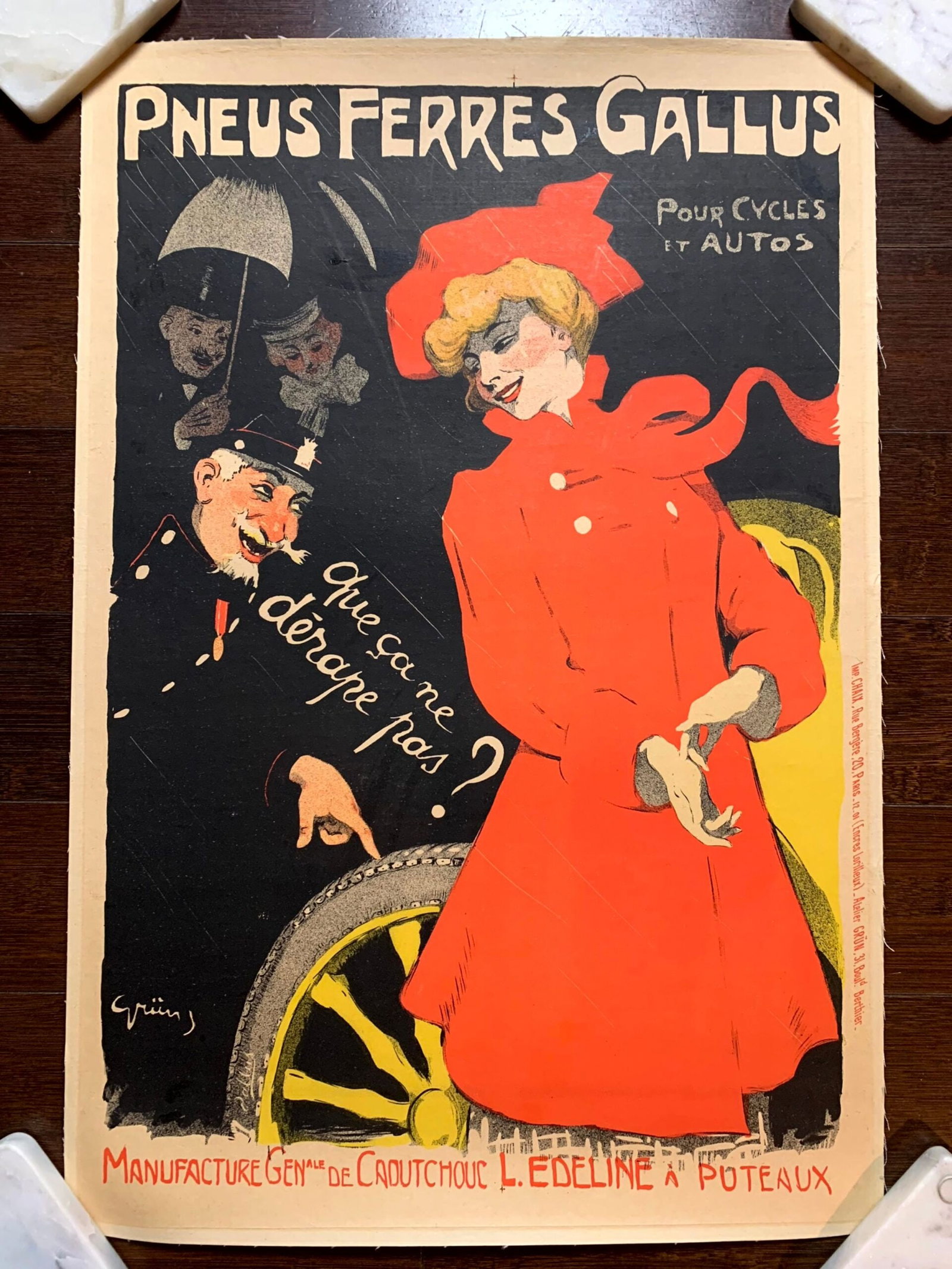 Pneu Ferres Gallus - Art by Grun (1900) 15.5"X23.5" French Advertising Poster LB: Pneu Ferres Gallus - Art by Grun (1900) 15.5"X23.5" French Advertising Poster LB Reserve: $829.00 Shipping: Domestic: Flat-rate of $28.00 to anywhere within the contiguous U.S. International: Foreign 