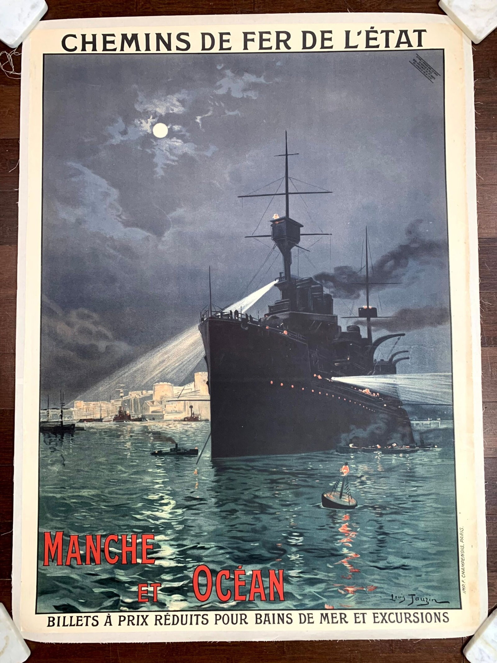 Manche Et Ocean Warship - Art by Louis Tauzin (1950) 30.5"X41.5" French War Poster LB: Manche Et Ocean Warship - Art by Louis Tauzin (1950) 30.5"X41.5" French War Poster LB Reserve: $803.00 Shipping: Domestic: Flat-rate of $28.00 to anywhere within the contiguous U.S. International: For