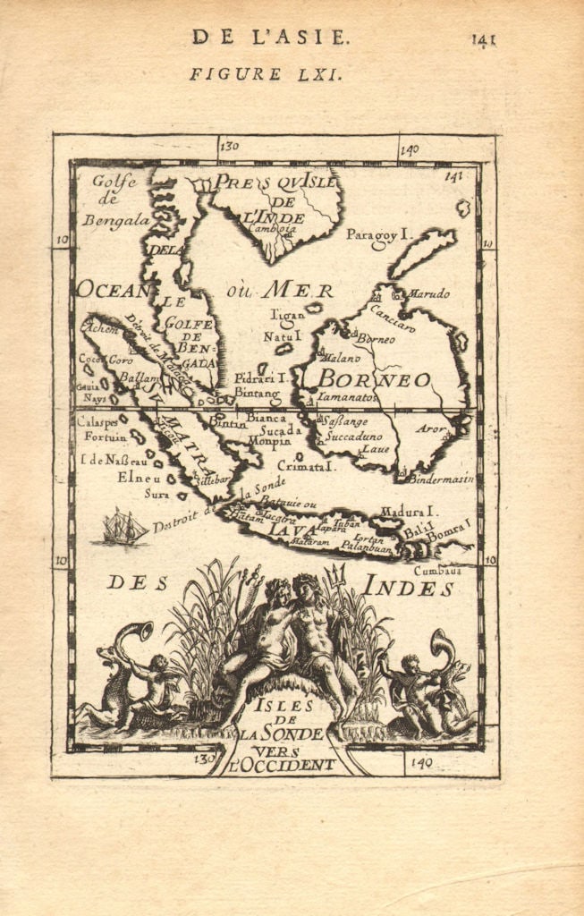 EAST INDIES. Sunda Sumatra Java Borneo Malaya. Indonesia. MALLET 1683 old map: Isles de la Sonde vers l'Occident' (De L'Asie). Shows the western Sunda Islands, the Malay peninsula and the southern part of Indochina (from Cambodia to Singapore). It includes Java, Sumatra &