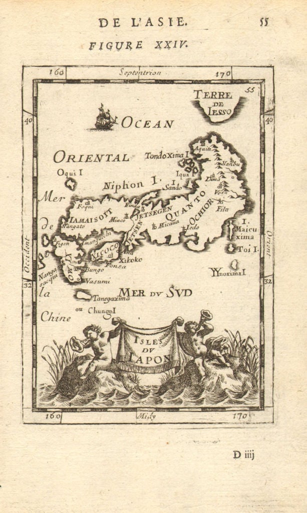 JAPAN. 'Isles du Iapon'. Yedo (Tokyo) Miyako (Kyoto). MALLET 1683 old map: Isles du Iapon' (De L'Asie) by Mallet, Allain Manesson. Published 1683. Original 17th century copperplate map. Size 13 x 21 cm | 5.0 x 8.5 inches. Condition: Good; suitable for framing. The image