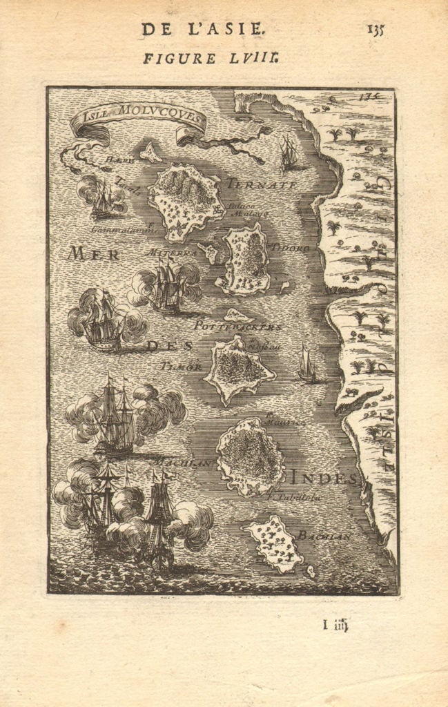 NORTH MALUKU MOLUCCAS. Ternate Halmahera Tidore Makian Bacan. MALLET 1683 map: Isle Molucques' (De L'Asie). The map depicts the north Maluku islands (Moluccas) off the west coast of Halmahera, being Ternate, Timor (Moti), Tidoro (Tidore), Machian (Makian) & Bachian (Bacan).