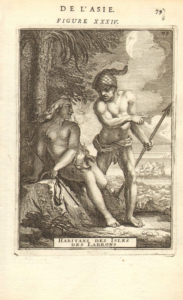 MICRONESIA. 'Habitans des Isles Larrons'. People of Marianas. MALLET 1683 map: Habitans des Isles des Larrons' (De L'Asie). Inhabitants of the Mariana Islands by Mallet, Allain Manesson. Published 1683. Original 17th century copperplate map. Size 13 x 21 cm | 5.0 x 8.5 inches.