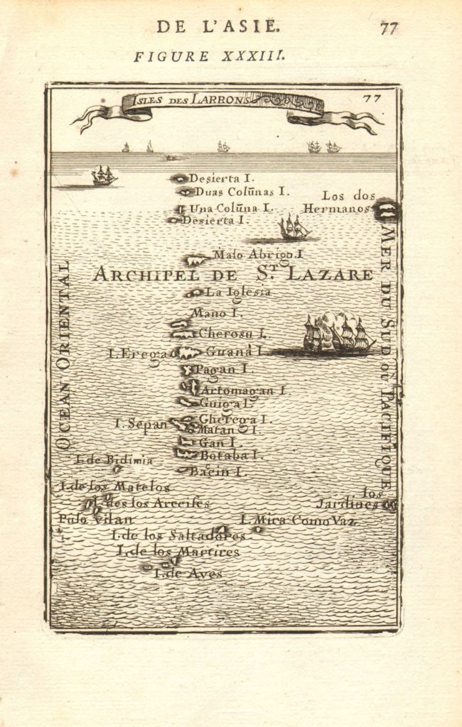 MICRONESIA. 'Isles des Larrons. Marianas &c. Siapan Guam Palau. MALLET 1683 map: Isles des Larrons' (De L'Asie). Shows the Mariana islands including Sepan (Saipan), Gan (Guam) & Pulo (Palau) by Mallet, Allain Manesson. Published 1683. Original 17th century copperplate map.