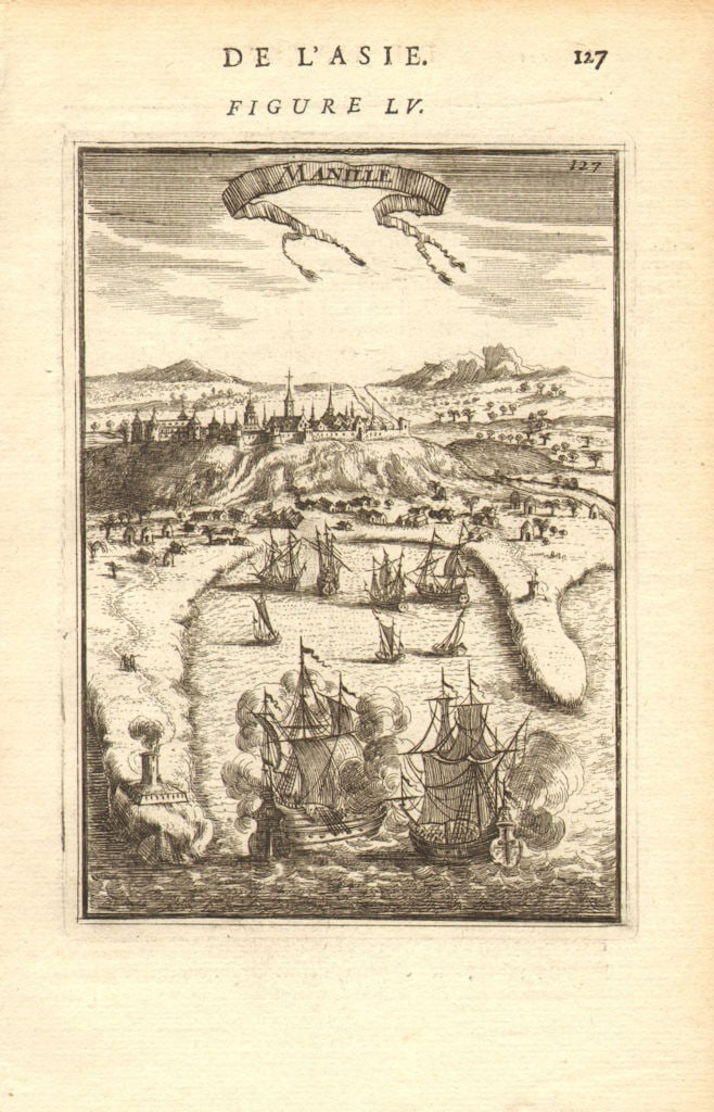 PHILIPPINES. View of Manila. Churches Ships. 'Manille'. MALLET 1683 old print: Manille' (De L'Asie). View of the city of Manilla by Mallet, Allain Manesson. Published 1683. Original 17th century copperplate print. Size 13 x 21 cm | 5.0 x 8.5 inches. Condition: Good; suitable for