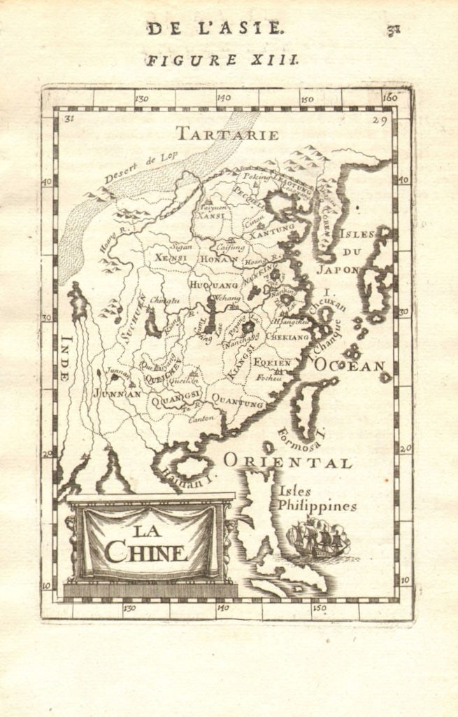 CHINA. 'La Chine'. Formosa Taiwan. Peking Canton Guangdong. MALLET 1683 map: La Chine' (De L'Asie). Shows Formosa. Japan. Philippines etc. by Mallet, Allain Manesson. Published 1683. Original 17th century copperplate map. Size 13 x 21 cm | 5.0 x 8.5 inches. Condition: Good;