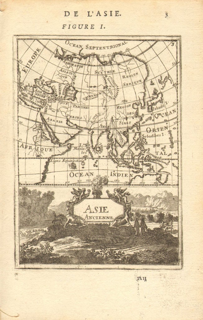 ANCIENT ASIA. 'Asie Ancienne'. India China Japan Arabia Russia. MALLET 1683 map: Asie Ancienne' (De L'Asie) by Mallet, Allain Manesson. Published 1683. Original 17th century copperplate map. Size 13 x 21 cm | 5.0 x 8.5 inches. Condition: Good; suitable for framing. Blemish in
