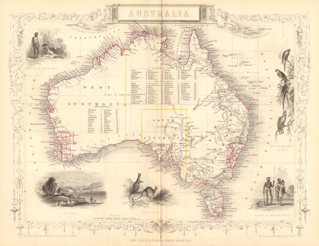 AUSTRALIA.Sydney view.Pre-Queensland (est 1859).Counties.TALLIS/RAPKIN 1849 map: Australia'. Vignettes: Natives of the tribe of Bogan; Sydney; kangaroos; Australian parrots and Cockatoo; Natives of Australia Felix. The counties of Victoria, New South Wales and Western Australia