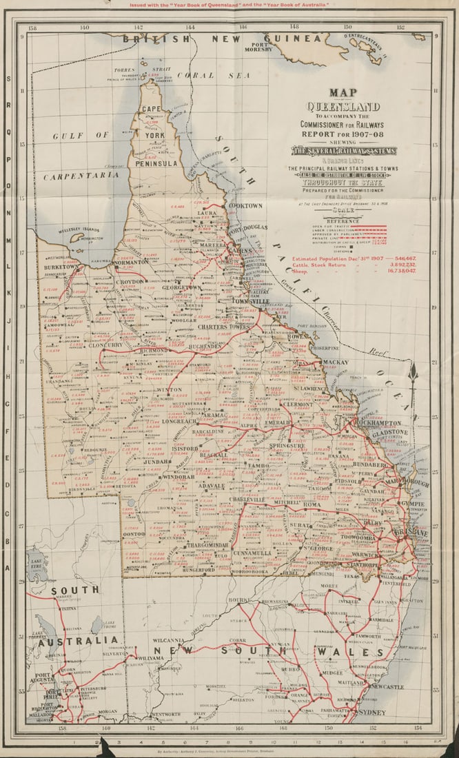 Queensland rail network. Railways Commissioner's Report. Livestock 1908 map (1 of 1)