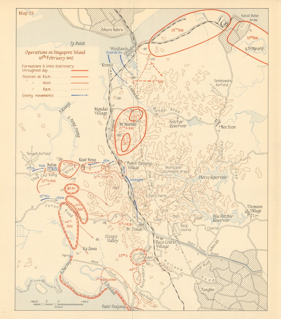 Japanese assault on Singapore Island, 10th February 1942 1957 old vintage map: Operations on Singapore Island, 10th February 1942' by HMSO. Published 1957. Vintage colour military history map. Size 24 x 21 cm | 9.5 x 8.0 inches. Condition: Good; suitable for framing. Please chec