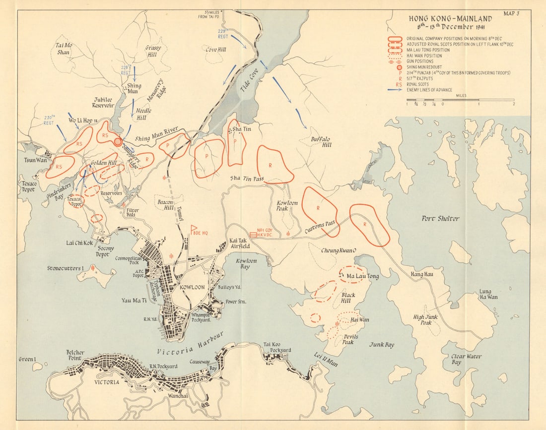 Japanese occupation of Hong Kong. Mainland, 8th -13th December 1941 1957 map: Hong Kong - Mainland, 8th -13th December 1941' by HMSO. Published 1957. Vintage colour military history map. Size 24 x 30 cm | 9.5 x 12.0 inches. Condition: Good; suitable for framing. Please check th