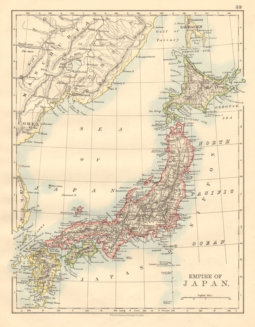 Islands of JAPAN. Hachijo "penal settlement". Manchuria JOHNSTON 1892 old map: Islands of Japan'. W. & A.K. Johnston, Limited, Edinburgh & London. Published 1892. Antique colour map. Size 27 x 21 cm | 10.5 x 8.0 inches. Condition: Good; suitable for framing. The image shown may