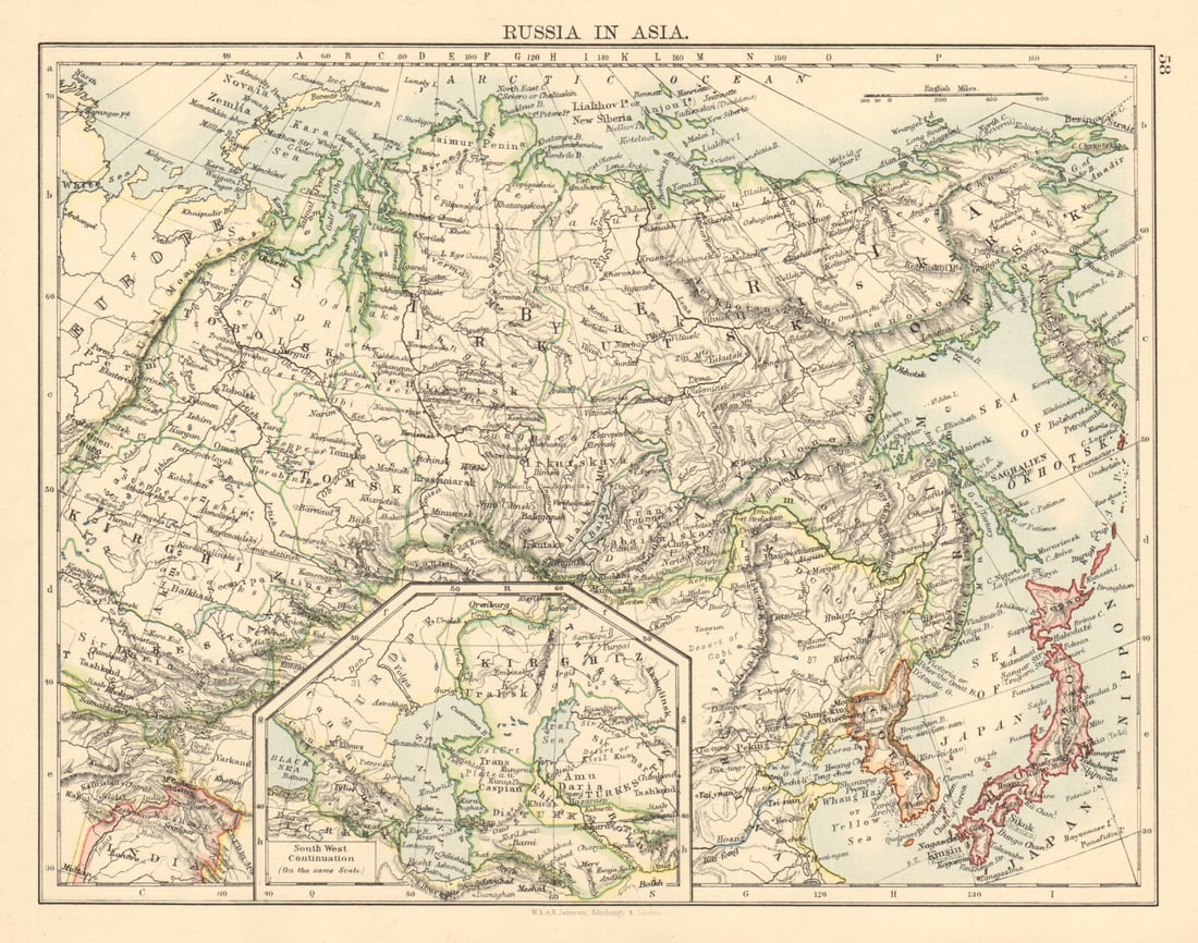 RUSSIA IN ASIA Siberia Caspian & Aral seas Korea Japan JOHNSTON 1892 old map: Russia in Asia'. W. & A.K. Johnston, Limited, Edinburgh & London. Published 1892. Antique colour map. Size 21 x 27 cm | 8.0 x 10.5 inches. Condition: Good; suitable for framing. The image shown may ha