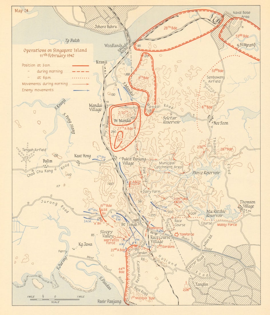 Japanese assault on Singapore Island, 11th February 1942 1957 old vintage map: Operations on Singapore Island, 11th February 1942' by HMSO. Published 1957. Vintage colour military history map. Size 24 x 20 cm | 9.5 x 8.0 inches. Condition: Good; suitable for framing. Please chec