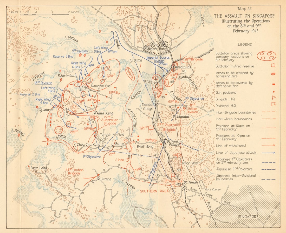 The Japanese assault on Singapore. 8th & 9th February 1942 1957 old map: The assault on Singapore (illustrating the operations on 8th and 9th February 1942)' by HMSO. Published 1957. Vintage colour military history map. Size 24 x 30 cm | 9.5 x 12.0 inches. Condition: Good;