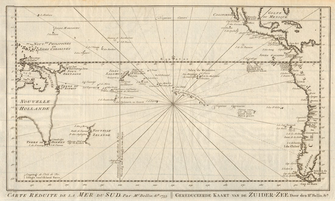 Carte réduite de la Mer du Sud'. Pacific Ocean. BELLIN/SCHLEY 1757 old map: Carte réduite de la Mer du Sud [Map of the South Seas]. Pacific Ocean by Schley, Jakob van der & Bellin, Jacques Nicolas. Published 1757. Antique copperplate map. Size 22 x 37 cm | 8.5 x 14.5 inc
