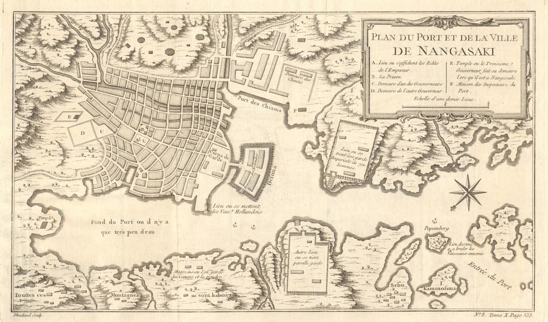 Plan du port et de la ville de Nangasaki'. Nagasaki, Japan. BELLIN 1752 map: Plan du Port et de la ville de Nangasaki [Plan of the city and port of Nagasaki] by Bellin, Jacques-Nicolas. Published 1752. Antique copperplate map. Size 21 x 35 cm | 8.0 x 14.0 inches. Condition: Go