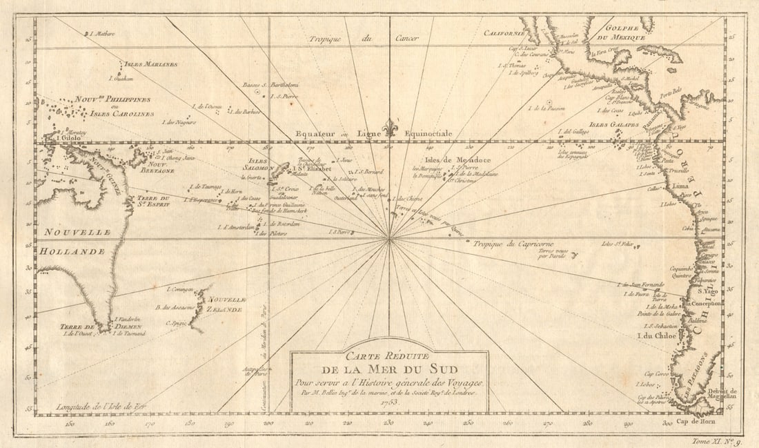Carte réduite de la Mer du Sud'. South Pacific. Australia. BELLIN 1753 map: Carte réduite de la Mer du Sud [Map of the South Seas] by Bellin, Jacques-Nicolas. Published 1753. Antique copperplate map. Size 22 x 37 cm | 8.5 x 14.5 inches. Condition: Good; suitable for