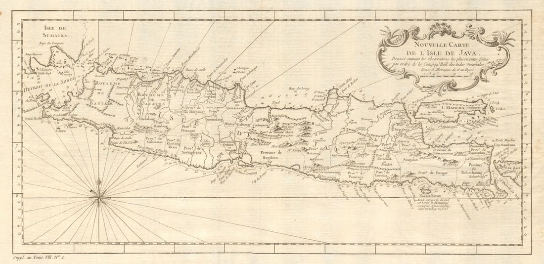 Nouvelle Carte de l’Isle de Java'. Dutch East India Company. BELLIN 1761 map: Nouvelle Carte de L’Isle de Java, dressée suivant les Observations les plus récentes faites par ordre de la Compagnie Hollandoise des Indes Orientates [New map of the island of Java,