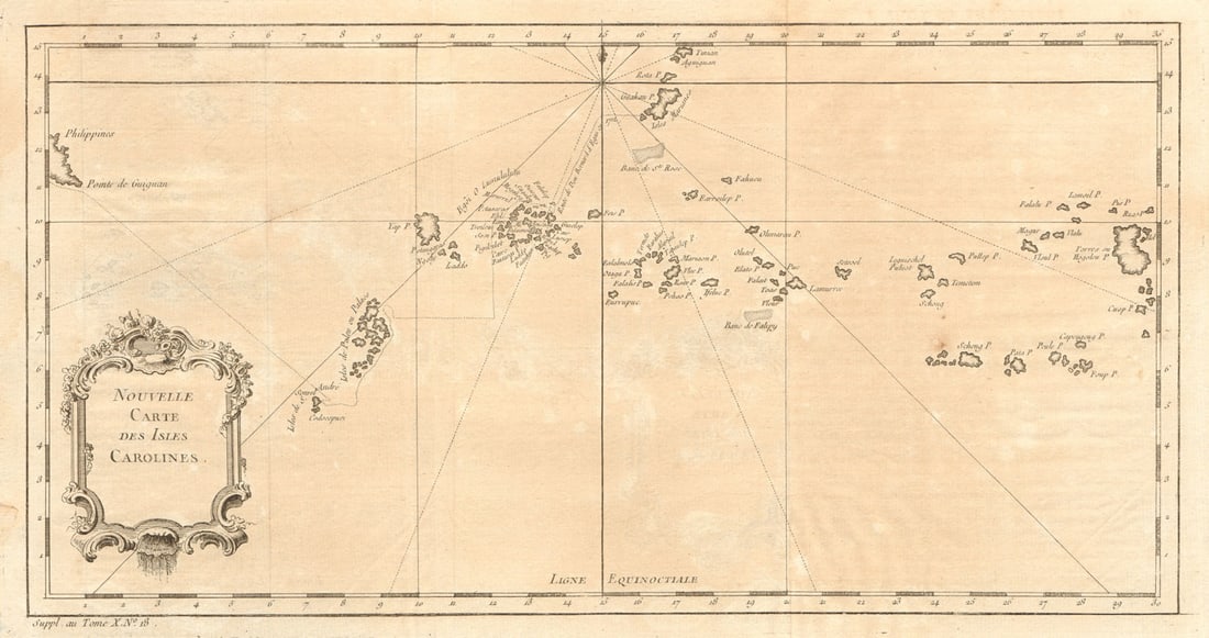 Nouvelle Carte des Isles Carolines' Islands. Micronesia Palau. BELLIN 1761 map: Nouvelles Carte des Isles Carolines [New map of the Caroline Islands] by Bellin, Jacques-Nicolas. Published 1761. Antique copperplate map. Size 22 x 41 cm | 8.5 x 16.0 inches. Condition: Good;