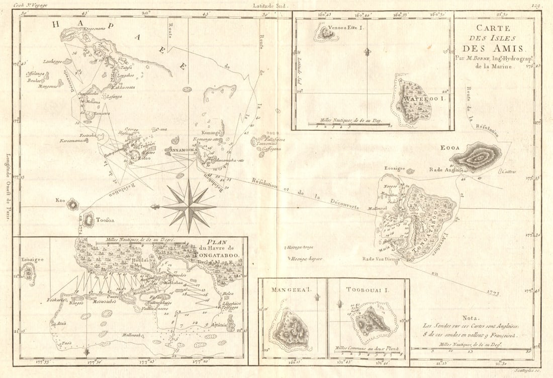 Carte des Isles des Amis. Friendly or Tonga Islands. Tongatapu. BONNE 1790 map: [Cook 3e Voyage] Carte des Isles des Amis // Plan du Havre de Tongataboo // Tabouai Island // Mangeea Island // Wateeoo Island [Cook's 3rd Voyage - Map of Friendly Islands (Tonga) // Tongatapu