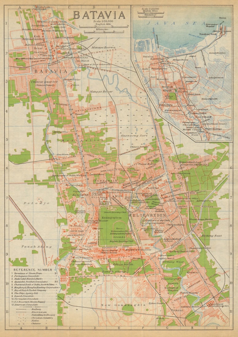 Batavia antique town city plan. Jakarta. Indonesia 1920 old map chart: Batavia'. Imperial Japanese Government Railways. Published 1920. Antique colour map. Size 28 x 20 cm | 11.0 x 7.5 inches. Condition: Good; suitable for framing. Please check the scan for any