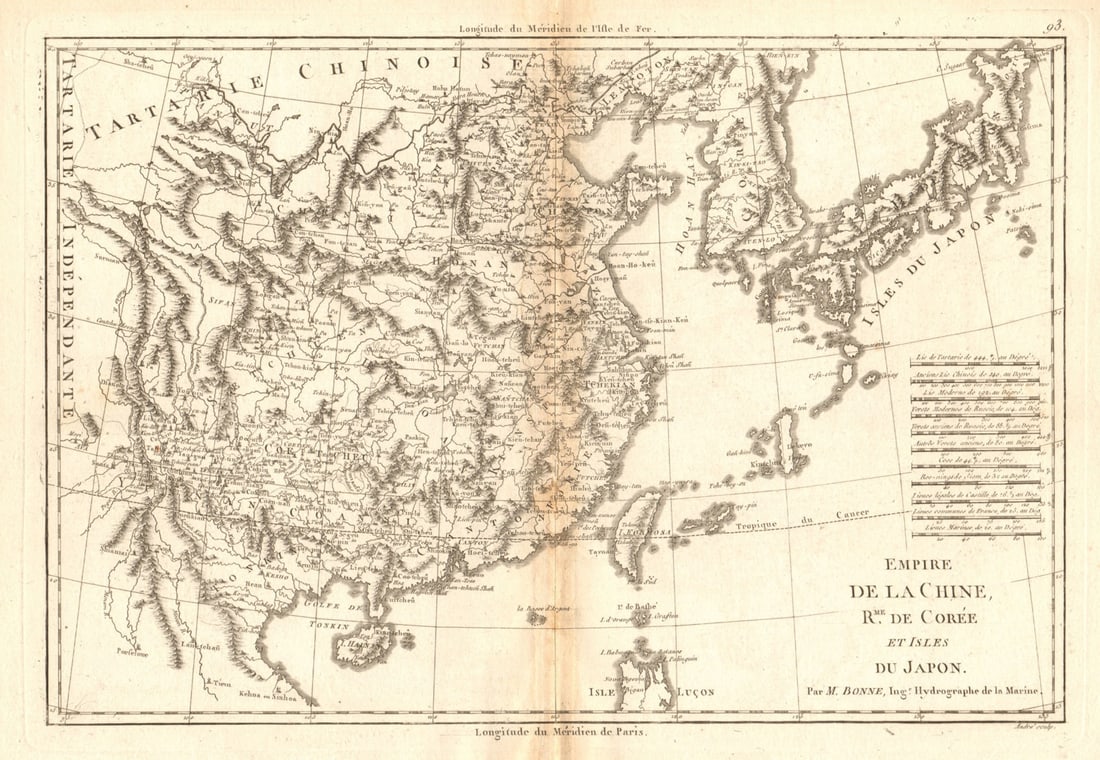 Empire de la Chine, Royaume de Corée &… Japon. China Korea Japan. BONNE 1788 map: Empire de la Chine, Royaume de Corée et Isles du Japon [The Empire of China, the Kingdom of Korea and the islands of Japan] by Bonne, Rigobert. Published 1788. Antique 18th century copperplate