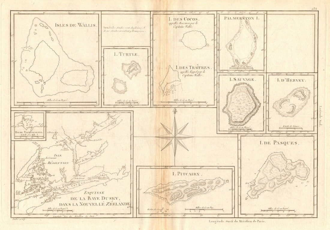 Pacific Islands. Dusky Sound. Wallis Tonga Cook Easter Pitcairn. BONNE 1788 map: Esquisse de la Baye Dusky, dans la Nouvelle Zéelande // Isles de Wallis // Isle Turtle // Isles des Cocos et des Traitres // Palmerston Isle // Isle Sauvage // Isle d'Hervey // Isle de Pasques