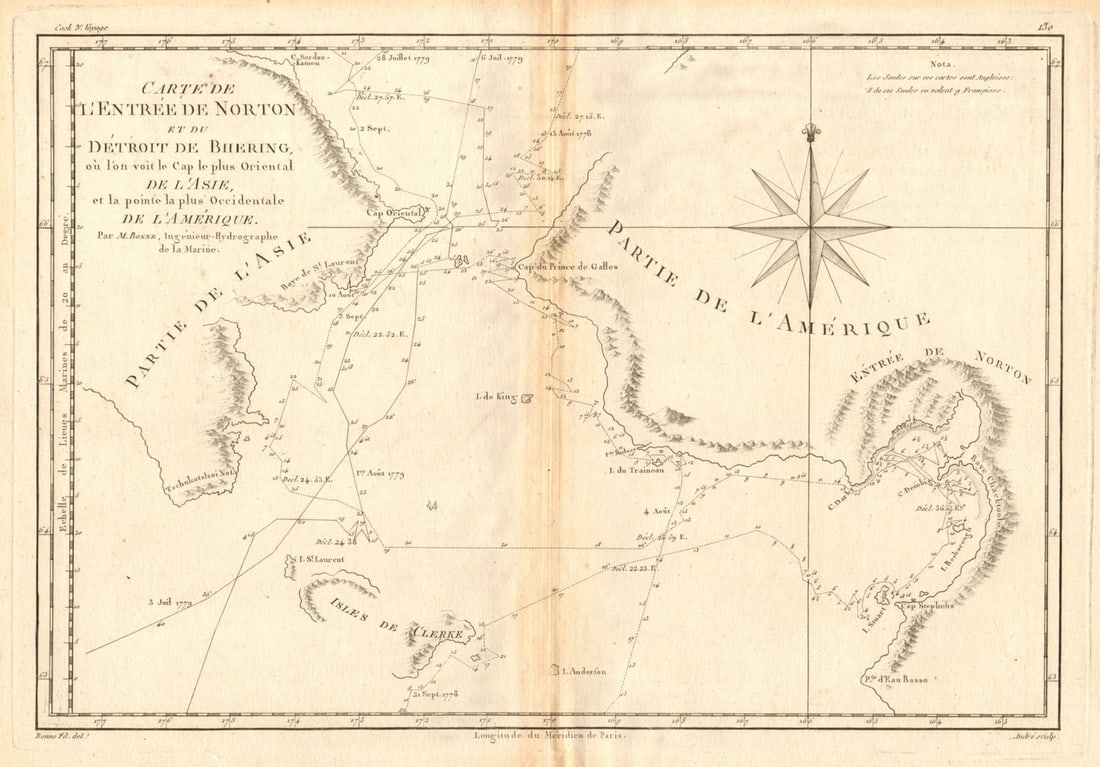 Entrée de Norton & Détroit de Bhering. Bering Strait Norton Sound BONNE 1788 map: [Cook 3e Voyage] Carte de l'entrée de Norton et du Détroit de Bhering, où l'on voit le Cap le plus Oriental de l'Asie et la pointe la plus Occidentale de l'Amérique [Cook's 3rd