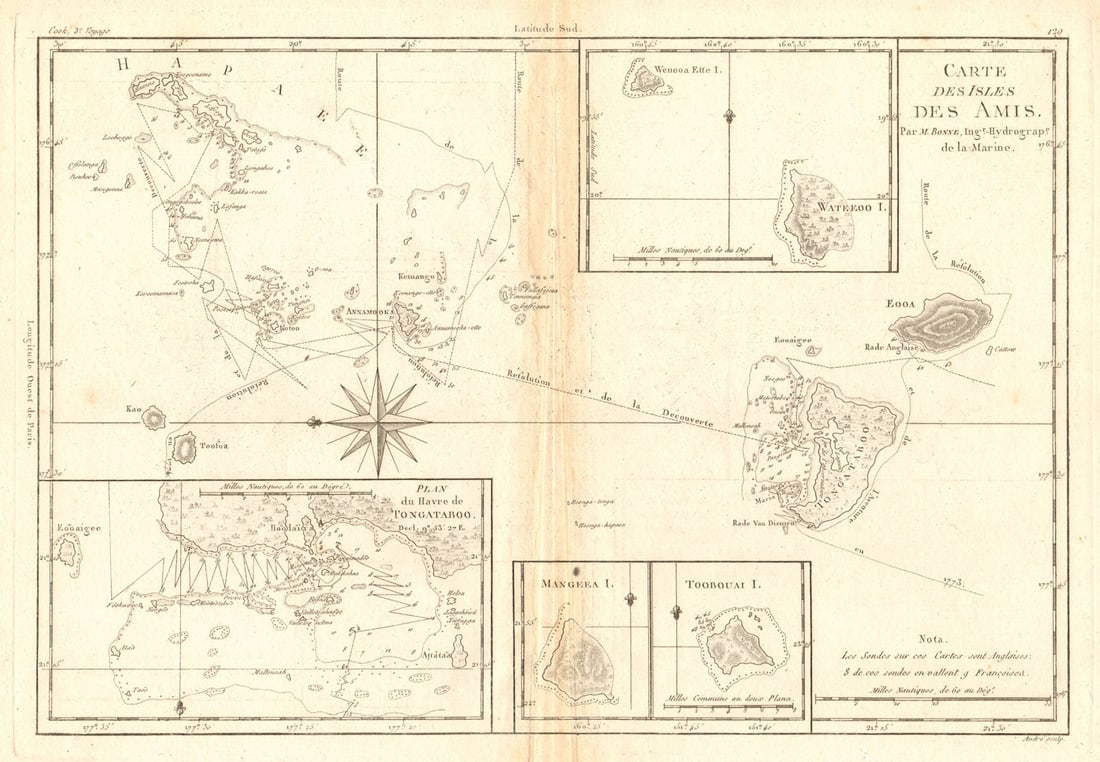 Carte des Isles des Amis. Friendly or Tonga Islands. Tongatapu. BONNE 1788 map: [Cook 3e Voyage] Carte des Isles des Amis // Plan du Havre de Tongataboo // Tabouai Island // Mangeea Island // Wateeoo Island [Cook's 3rd Voyage - Map of Friendly Islands (Tonga) // Tongatapu