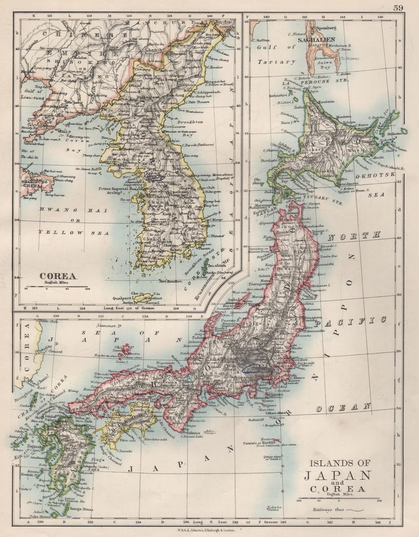 COREA JAPAN FORMOSA. Korea Taiwan Hachijo "penal settlement".JOHNSTON 1897 map: Islands of Japan and Corea; Inset map of Corea'. W. & A.K. Johnston. Published 1897. Antique colour map. Size 27 x 21 cm | 10.5 x 8.0 inches. Condition: Good; suitable for framing. The image shown