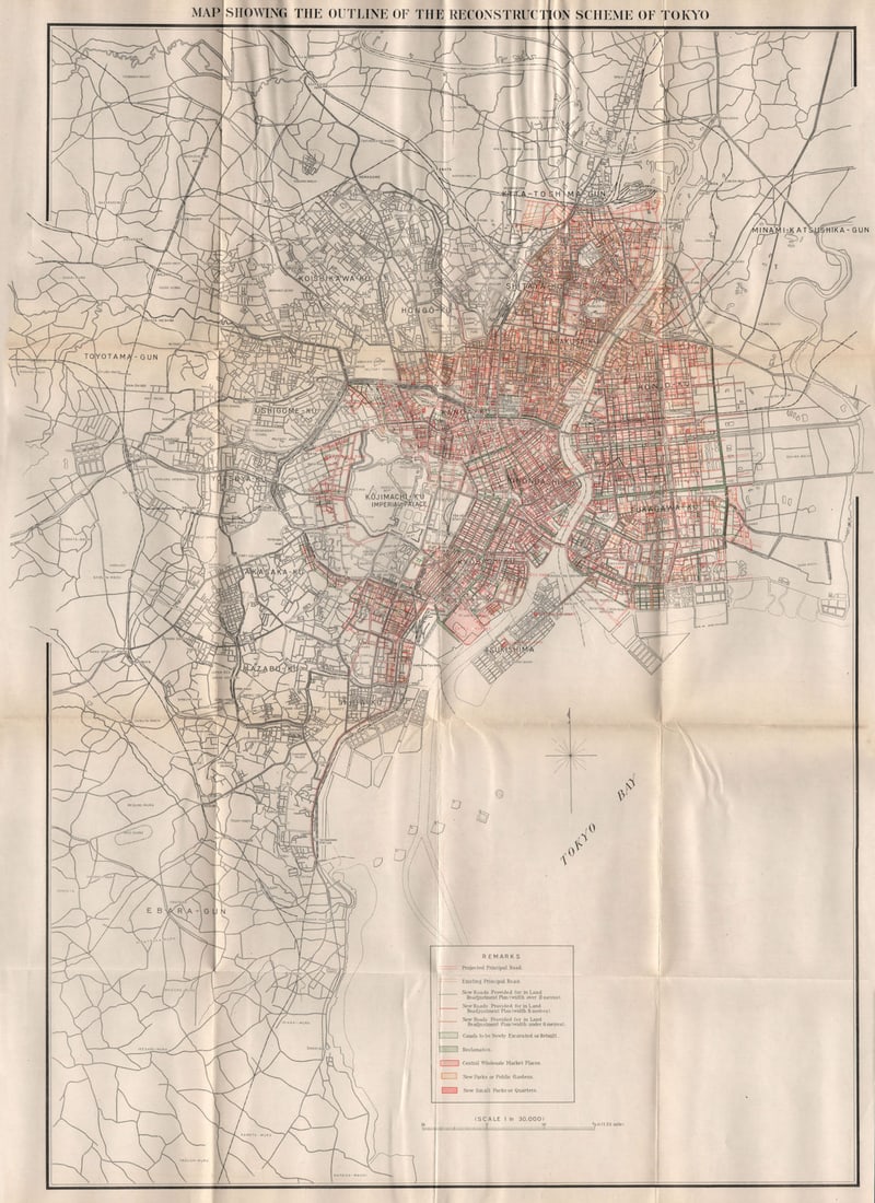 GREAT KANTO EARTHQUAKE 1923. Tokyo reconstruction scheme. Japan 1926 old map: Map showing the outline of the reconstruction scheme of Tokyo'. The Bureau of Social Affairs Home Office, Japan. Published 1926. Vintage colour map. 1:30,000. Size 71 x 52 cm | 28.0 x 20.5 inches.