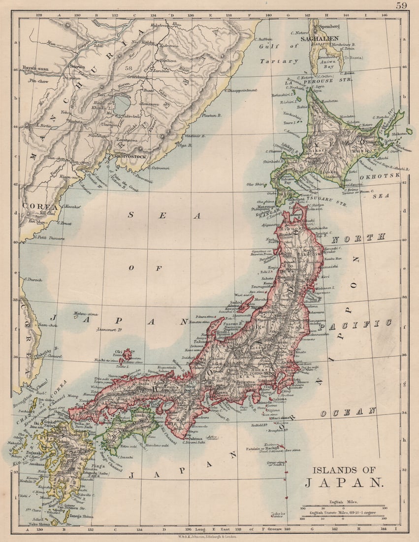 Islands of JAPAN. Hachijo "penal settlement". JOHNSTON 1895 old antique map: Islands of Japan'. W. & A.K. Johnston, Limited, Edinburgh & London. Published 1895. Antique colour map. Size 27 x 21 cm | 10.5 x 8.0 inches. Condition: Good; suitable for framing. The image shown may