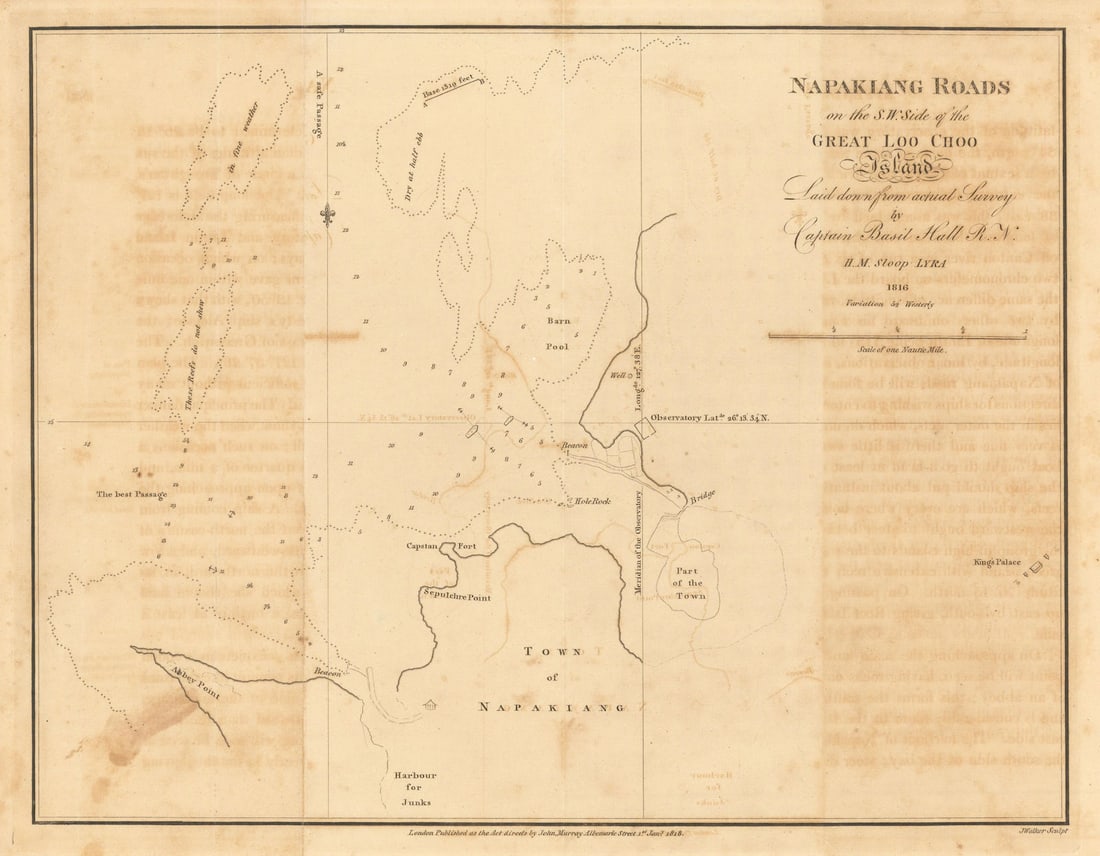 Napakiang Roads on… the Great Loo Choo Island. Naha, Okinawa. HALL 1818 map: Napakiang Roads on the S.W. side of the Great Loo Choo Island'. Captain Basil Hall, R.N. 1816. J. Walker Sculpt. Published 1818. Antique engraved map. Size 25 x 32 cm | 9.5 x 12.5 inches. Condition: