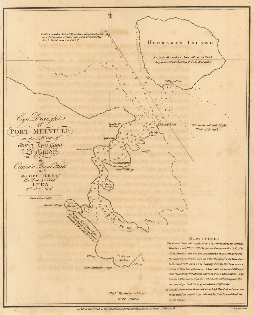 Draught of Port Melville on… Great Loo-Choo Island. Nakijin, Okinawa 1818 map: Eye draught of Port Melville on the N.W. side of Great Loo-Choo Island'. Captain Basil Hall and his officers of His Majesty's Sloop Lyra, 11th October 1816. J. Walker Sculpt. Published 1818. Antique