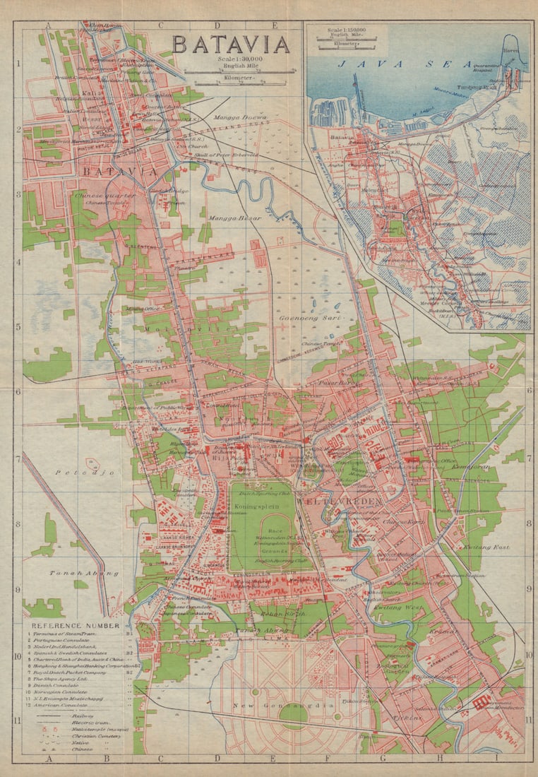 Batavia antique town city plan. Jakarta. Indonesia 1917 old map chart: Batavia'. Imperial Japanese Government Railways. Published 1917. Antique colour map. Size 28 x 19 cm | 11.0 x 7.5 inches. Condition: Good; suitable for framing. The image shown may have been taken