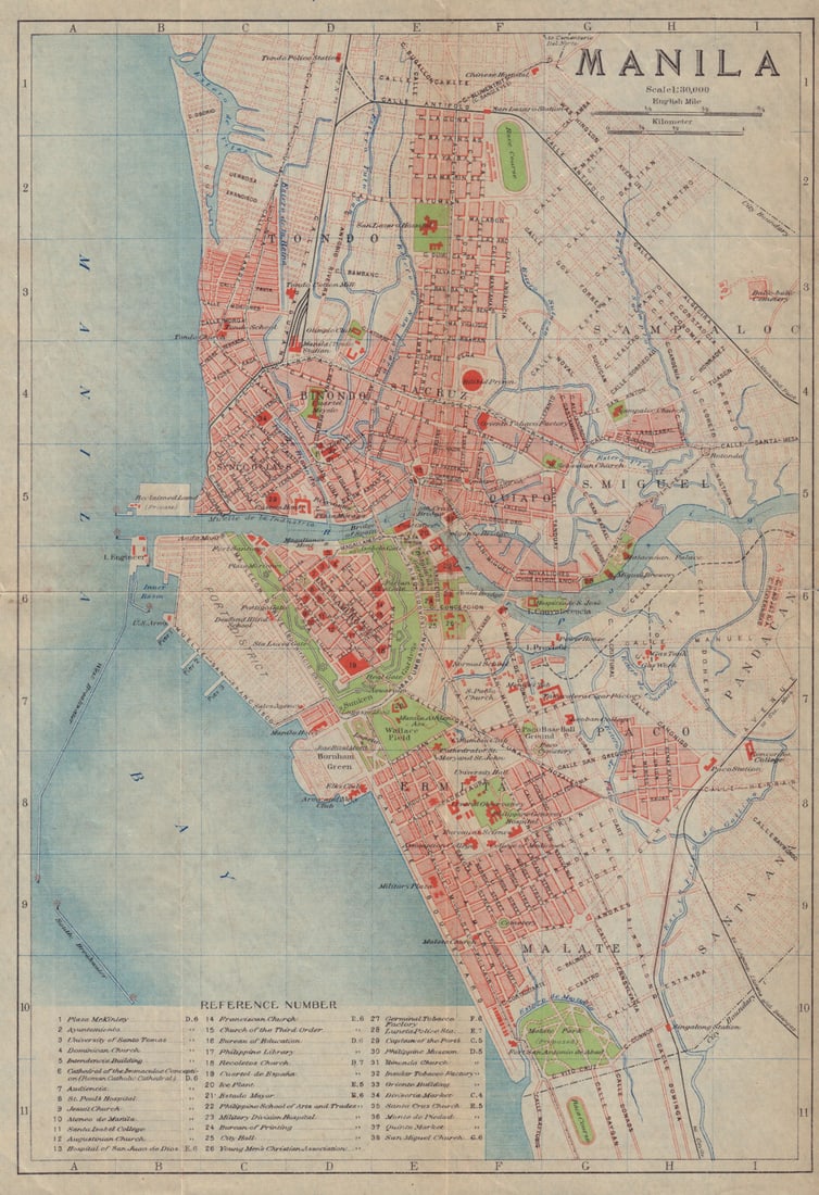 Manila antique town city plan. Philippines 1917 old map chart: Manila'. Imperial Japanese Government Railways. Published 1917. Antique colour map. Size 28 x 19 cm | 11.0 x 7.5 inches. Condition: Good; suitable for framing. Tight right margin; The image shown may 
