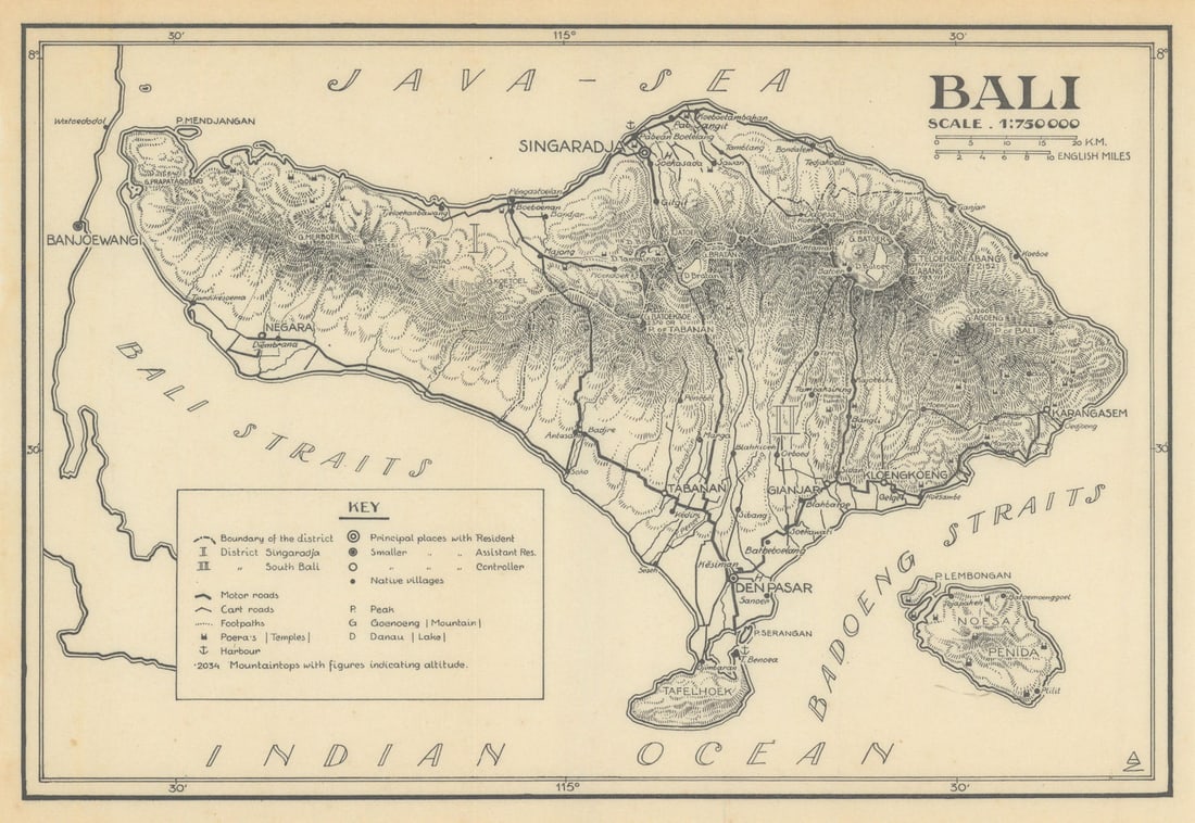 The island of Bali. Dutch East Indies. Indonesia. VAN STOCKUM 1930 old map: Bali' by Van Stockum & Sons. Published 1930. Vintage tourist map. Size 16 x 23 cm | 6.0 x 9.0 inches. Condition: Good; suitable for framing. The image shown may have been taken from a different
