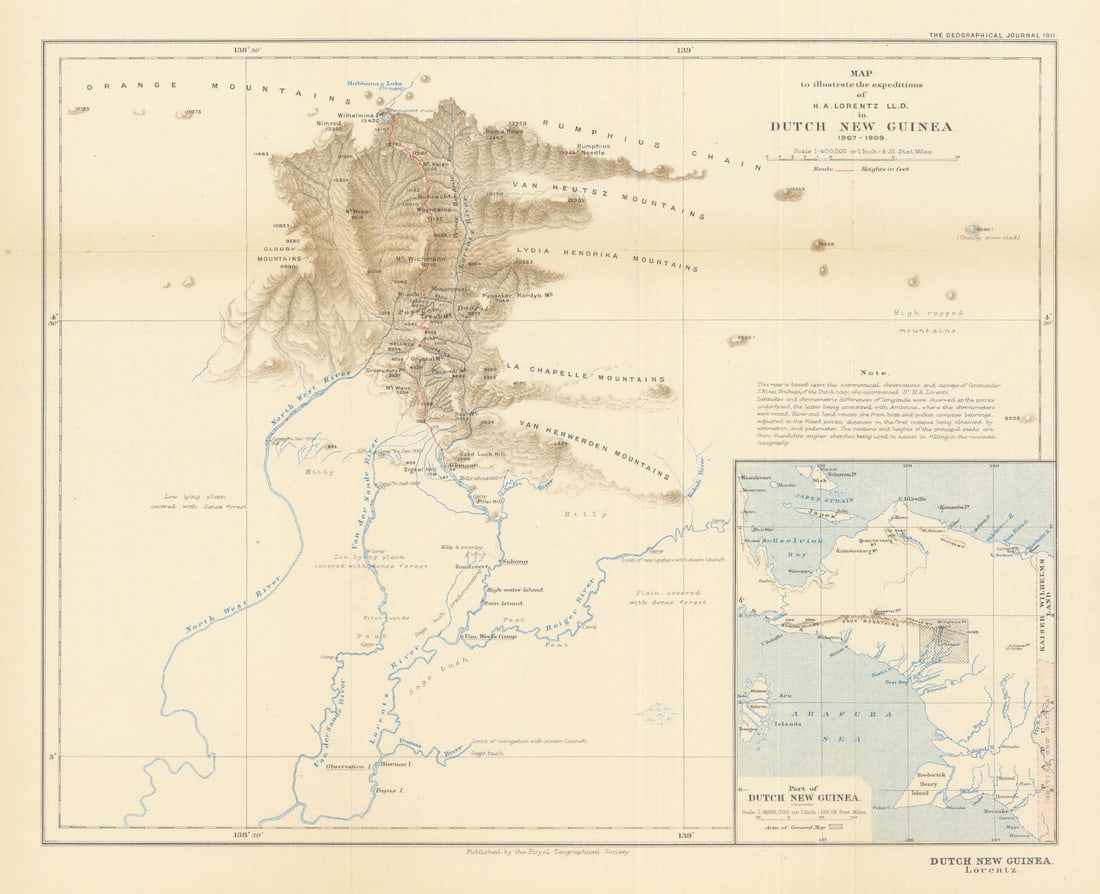 The expeditions of H. A. Lorentz in Dutch New Guinea, 1907-1909. RGS 1911 map: Map to illustrate the expeditions of H. A. Lorentz LL.D. in Dutch New Guinea, 1907-1909'. Hendrikus Albertus Lorentz participated in three expeditions to Dutch New Guinea, now Irian Jaya, Indonesia. T